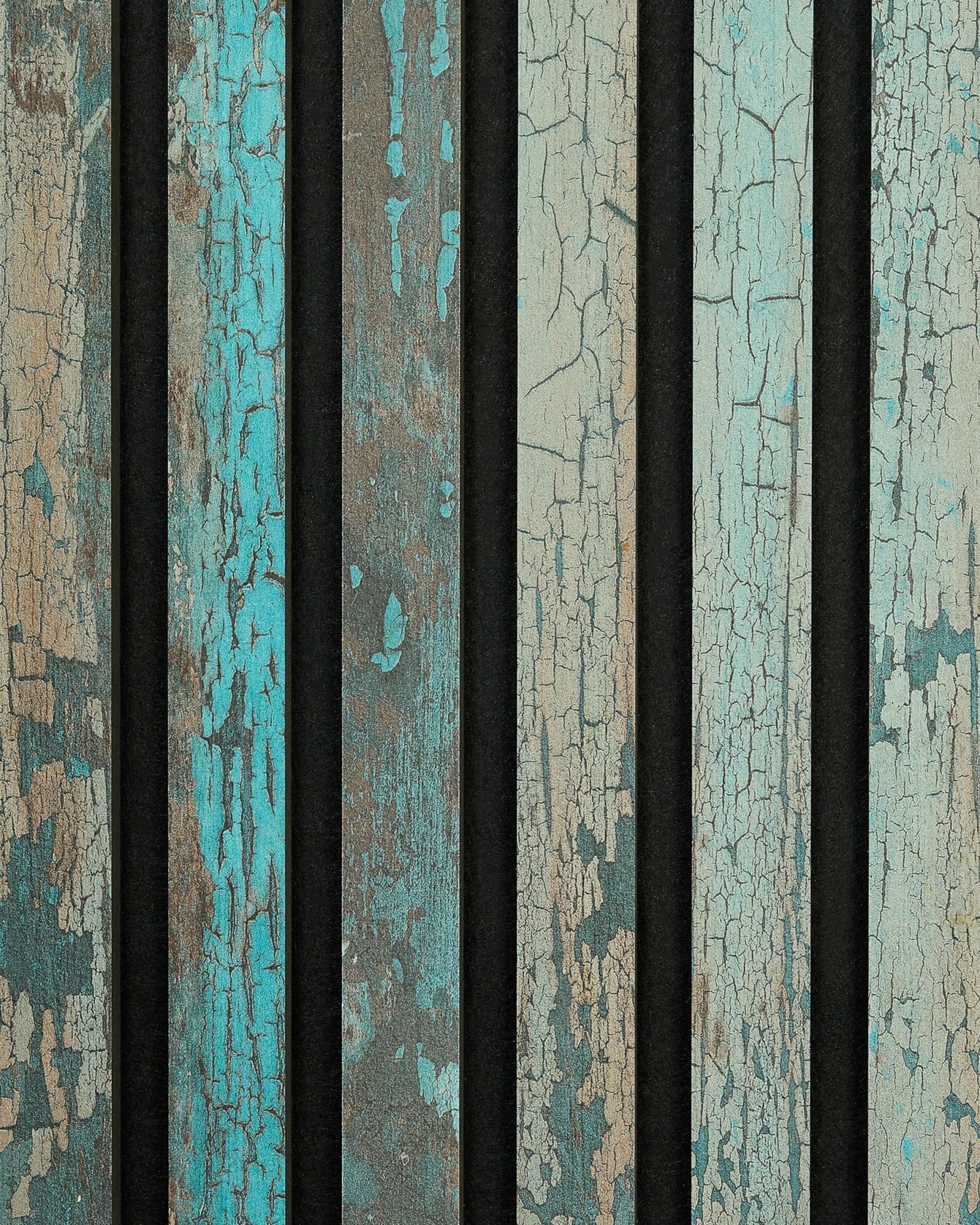 WoodUpp Rebel | Próbka / Blue Oxide Akupanel z postarzałymi drewnianymi lamelami, niebiesko-zielonymi tonami, widocznymi pęknięciami i ciemnymi szczelinami vertical dla rustykalnego, nordyckiego wyglądu.