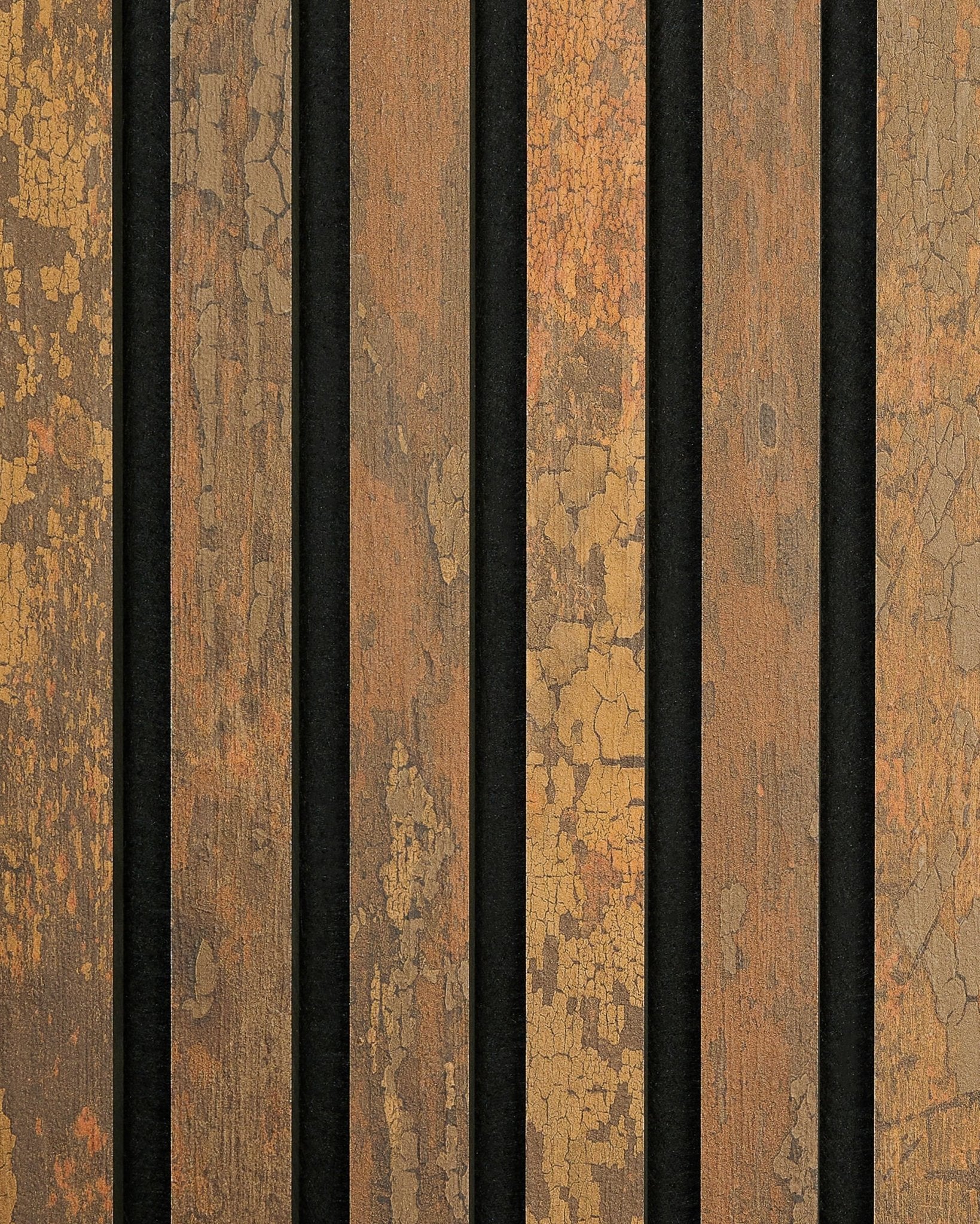 Rebel | Próbka / Copper Oxide od WoodUpp prezentuje rustykalne brown vertical Panel akustyczny deski o postarzałym, vintage’owym wyglądzie.