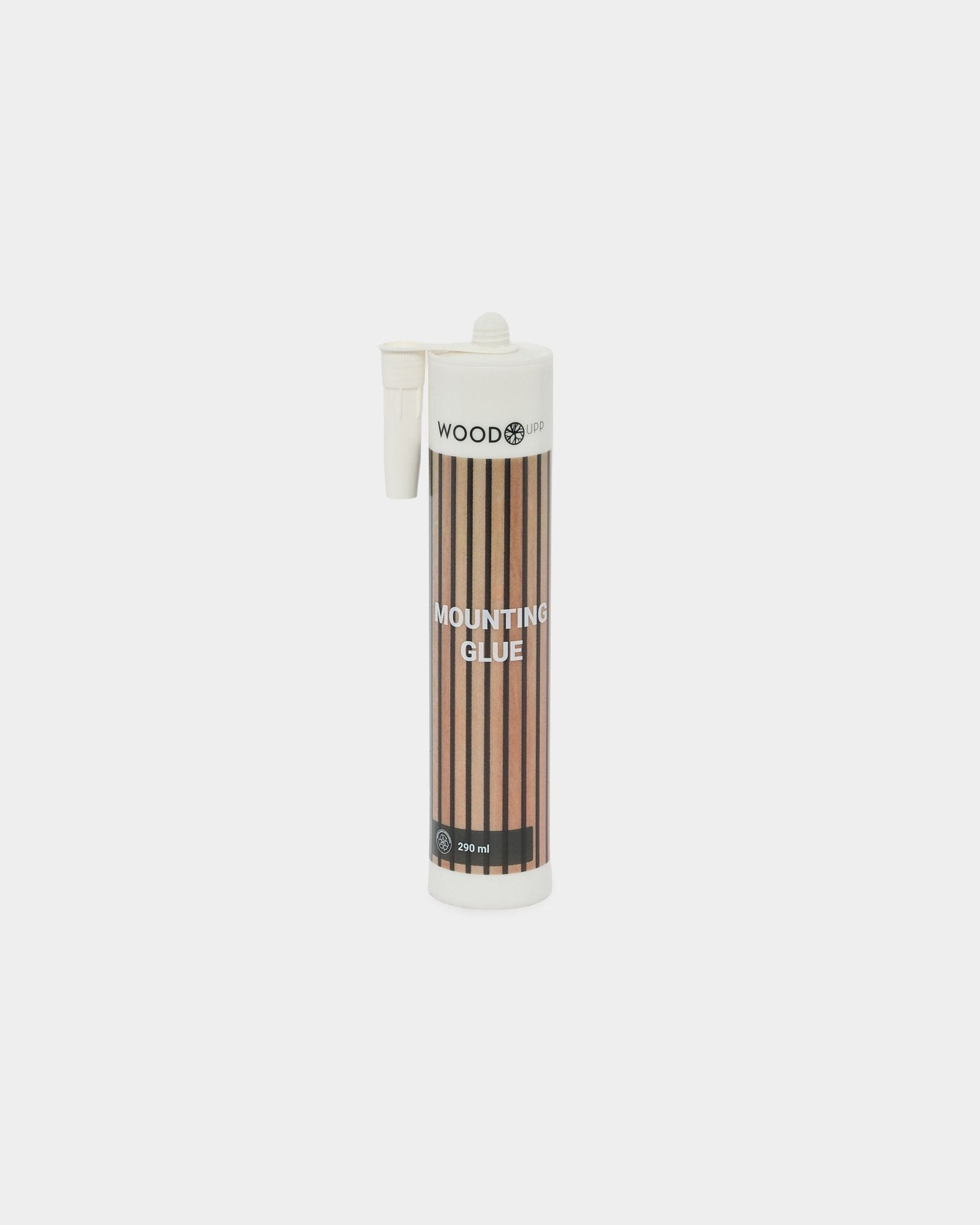 Tuba 290 ml kleju montażowego WoodUpp z etykietą w brown paski i dyszą aplikacyjną, przeznaczona do solidnego montażu paneli akustycznych Akupanel.