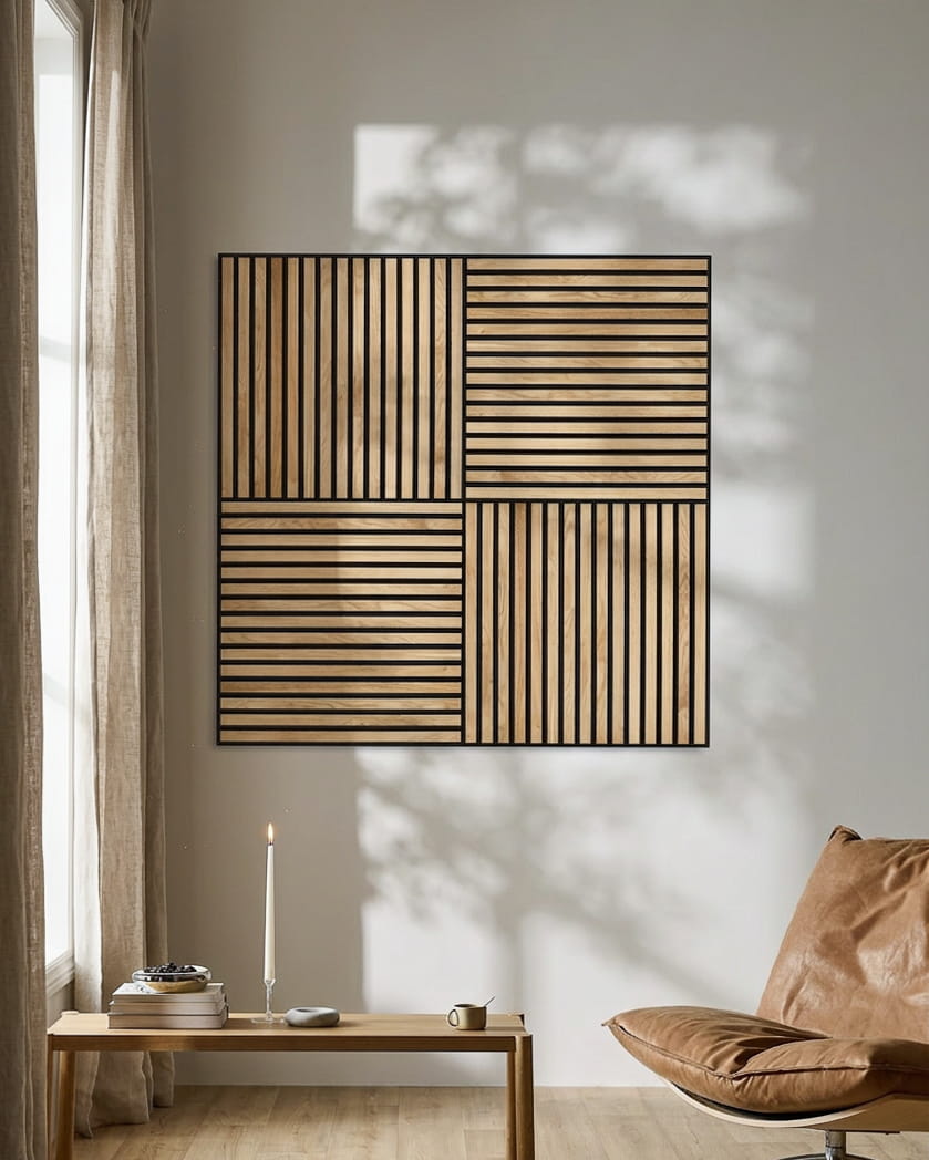 Nowoczesny salon z fotelem ze skóry, zapaloną świecą i WoodUpp Akupixel Panel akustyczny w Rustic Natural Oak, rzucającym geometryczne cienie na ścianę.