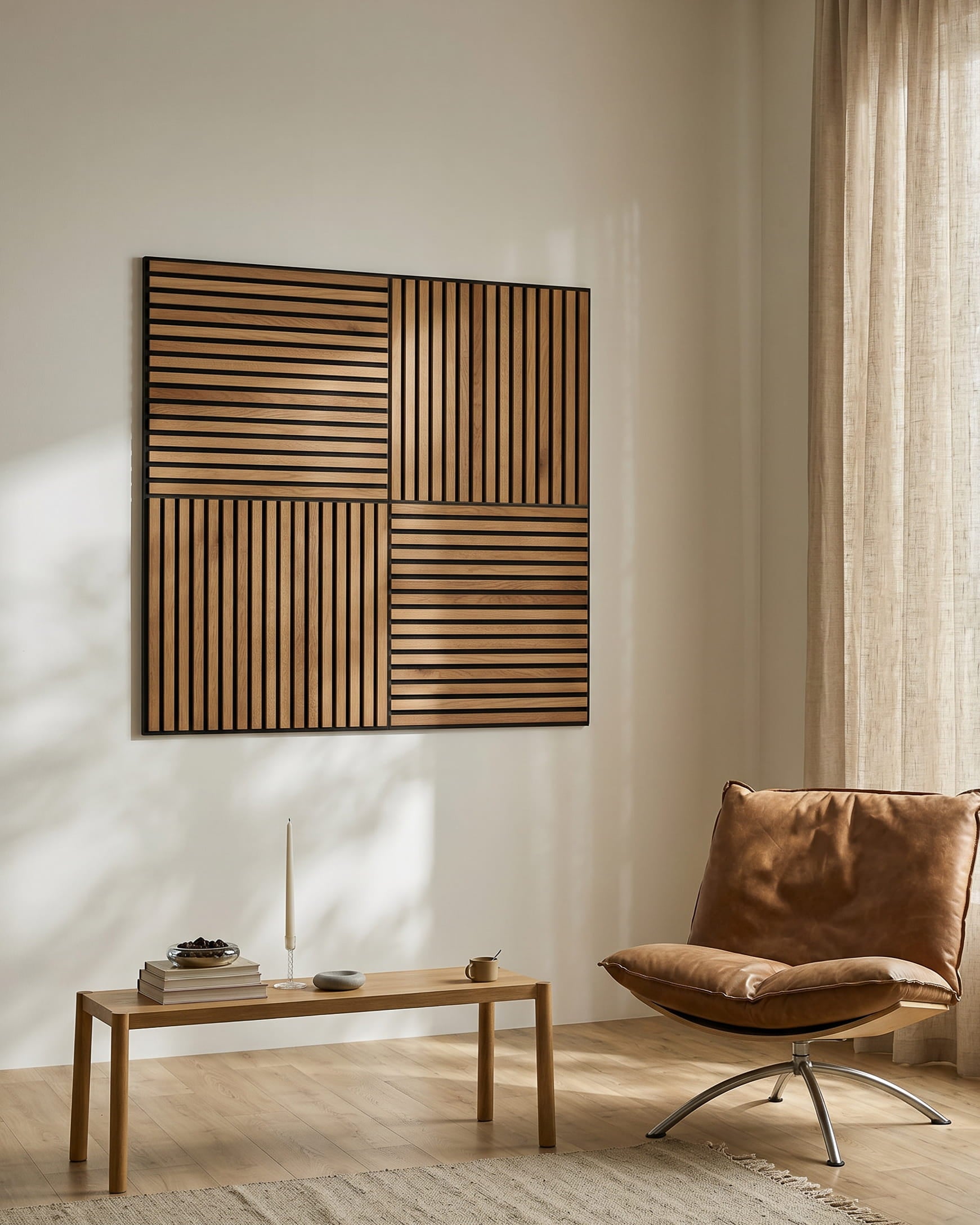 Minimalistyczny salon z fotelem wypoczynkowym brown, drewnianym stolikiem kawowym i panelem WoodUpp Akupixel Rustic Brown Oak Panel akustyczny na ścianie, w naturalnym świetle.