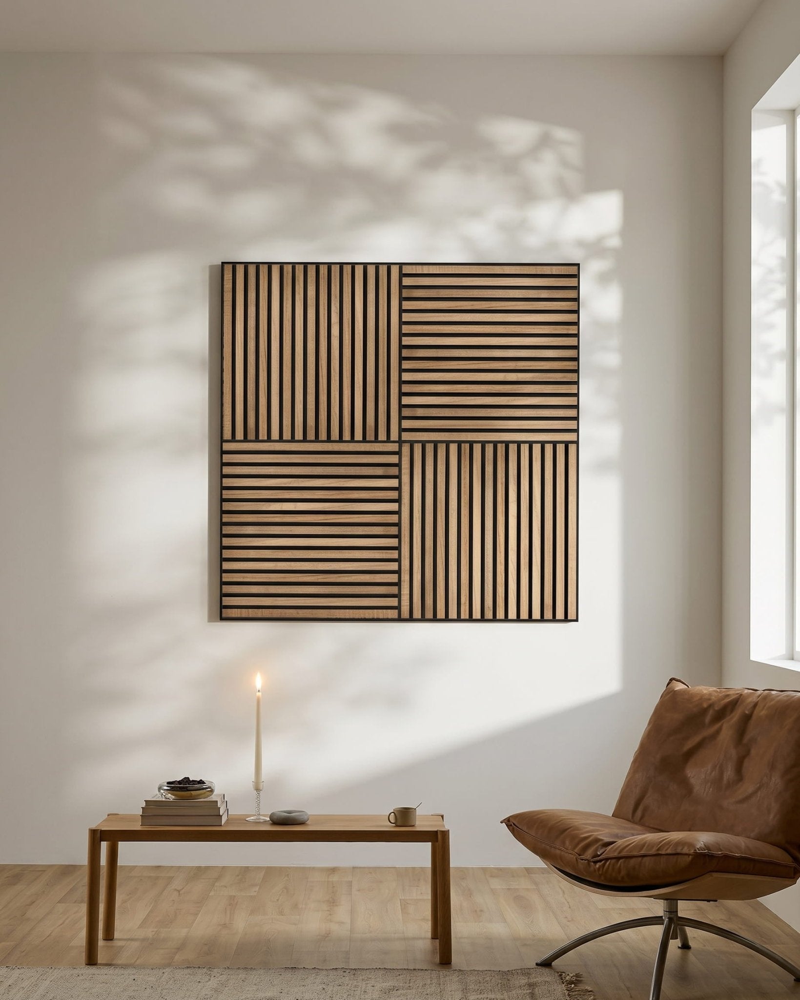 Minimalistyczne nordyckie wnętrze z WoodUpp Akupixel Walnut Panel akustyczny na ścianie, zapaloną świecą na niskim stoliku, książkami i krzesłem brown przy oknie.