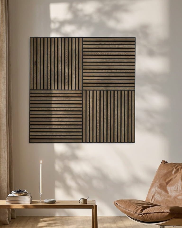 Minimalistyczne wnętrze z fotelem skórzanym, świecą i WoodUpp Akupixel Panel akustyczny w rustykalnym grey oak, rzucającym geometryczne cienie na ścianę.
