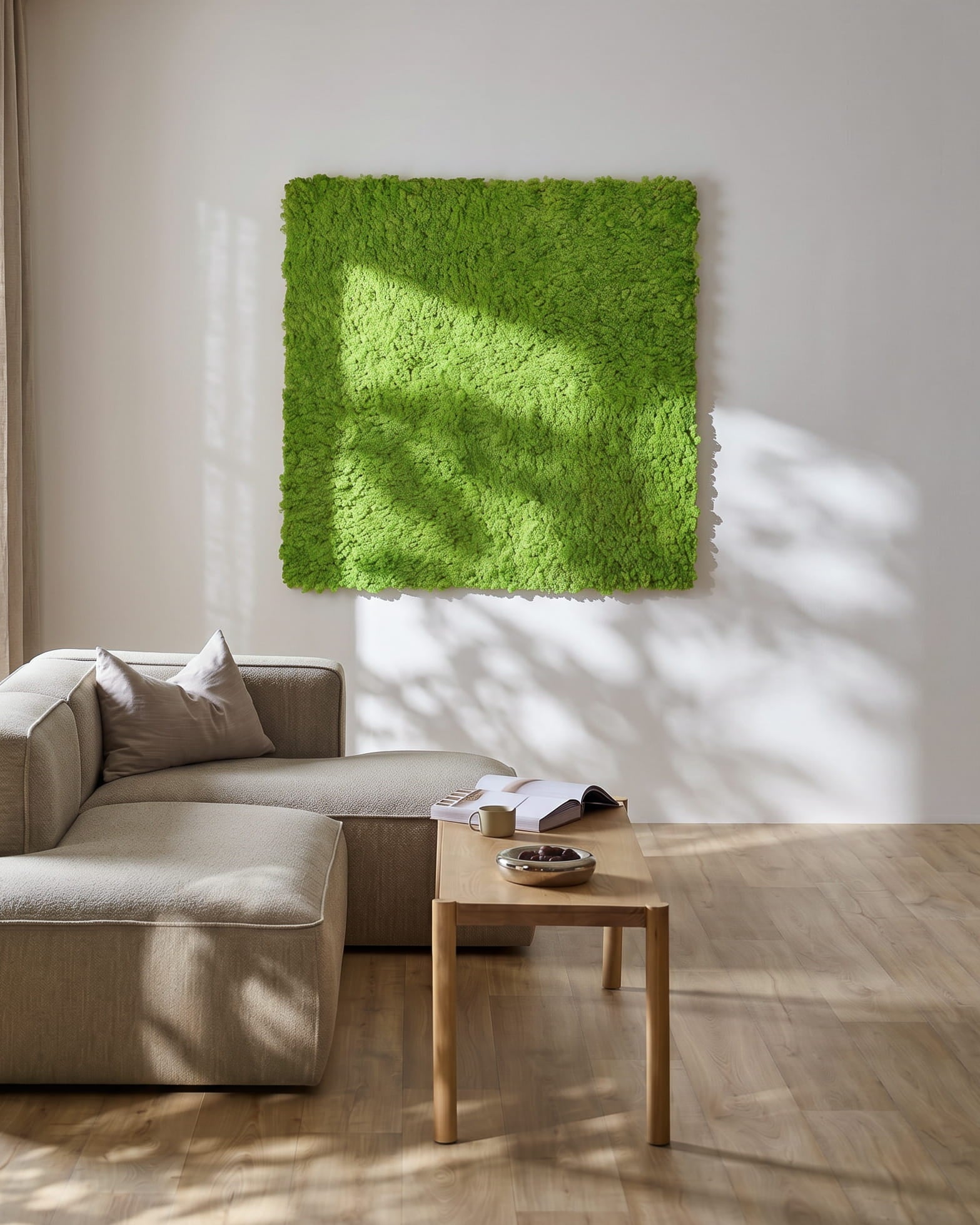 Nowoczesny salon z sofą beige i panelem WoodUpp Akupixel Panel akustyczny w kolorze Moss / Apple Green, 60x60 cm, zamontowanym na ścianie. W pobliżu światło słoneczne rzuca cienie.