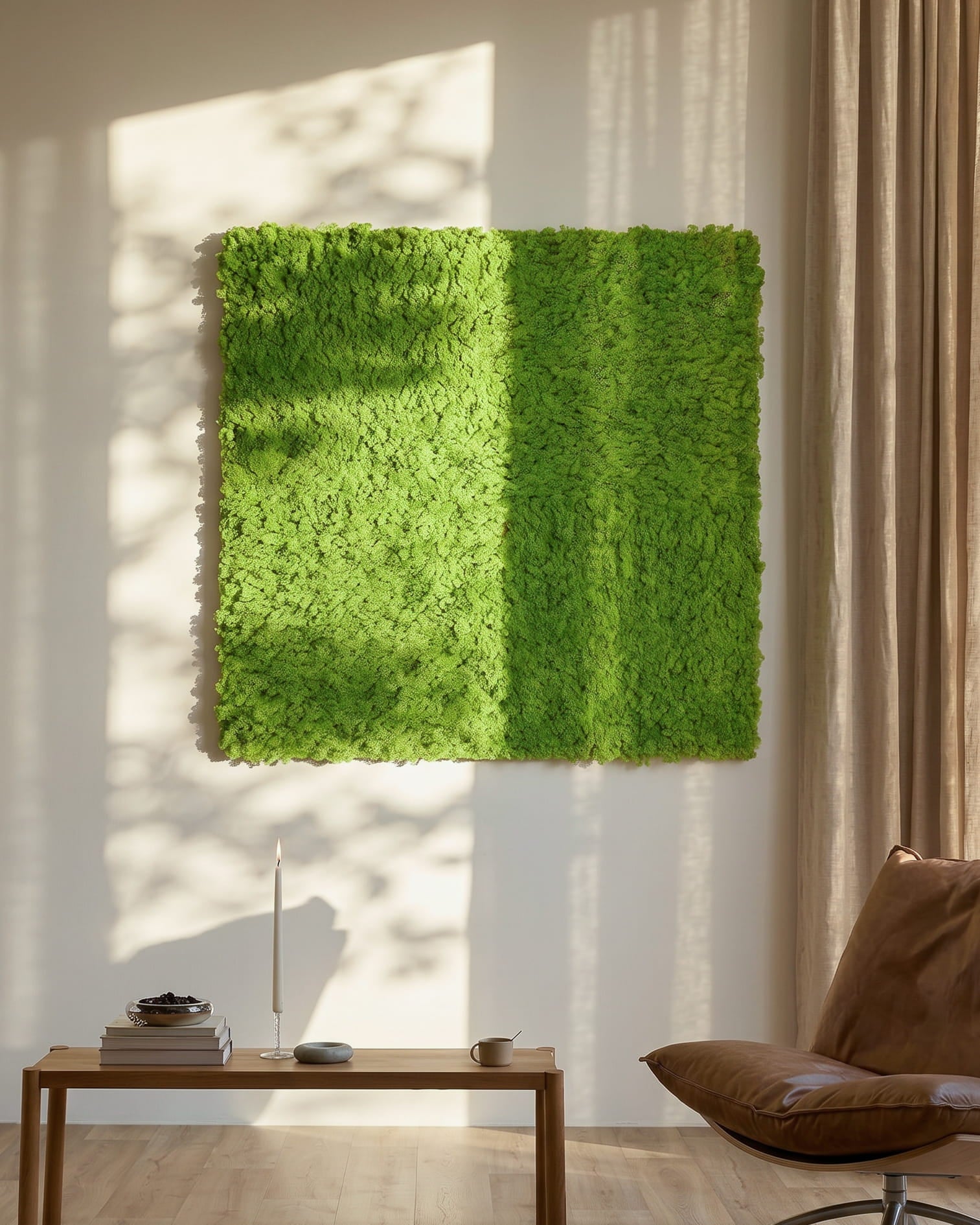 Akupixel Panel akustyczny w kolorze Moss / Apple Green, 60 x 60 cm, od WoodUpp, zamontowany na oświetlonej słońcem ścianie nad stołem small i zasłonami beige.