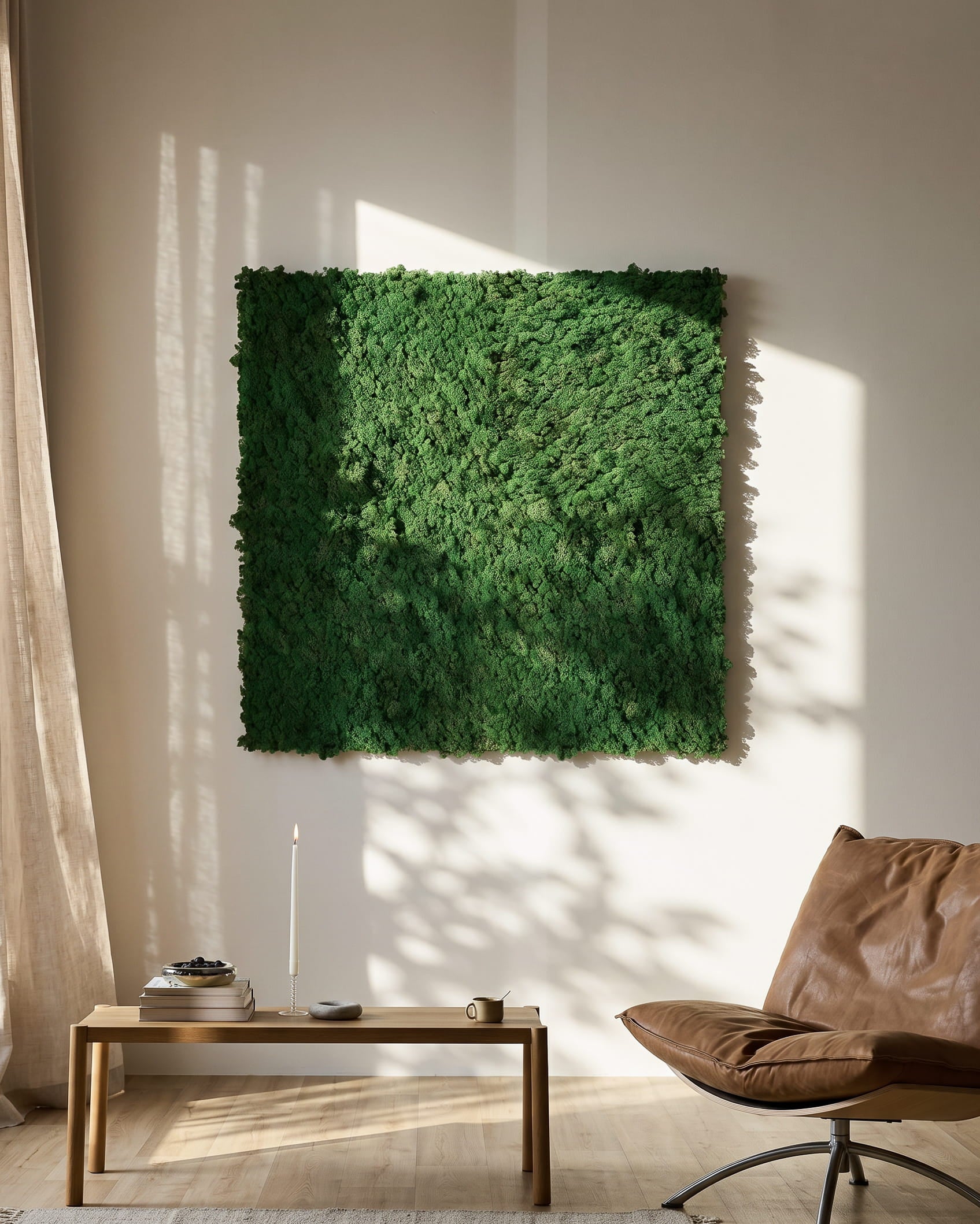 WoodUpp Akupixel Moss Green Panel akustyczny (60x60 cm) zamontowany na ścianie beige nad minimalistycznym stołem i skórzanym krzesłem brown.