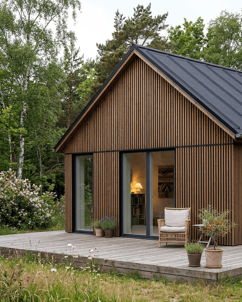 Nowoczesna chatka z zewnętrznymi panelami elewacyjnymi WoodUpp Aluwood z olejowanego Thermowood brown, large przeszklonymi drzwiami, tarasem, roślinami w donicach i krzesłem ogrodowym wśród drzew.