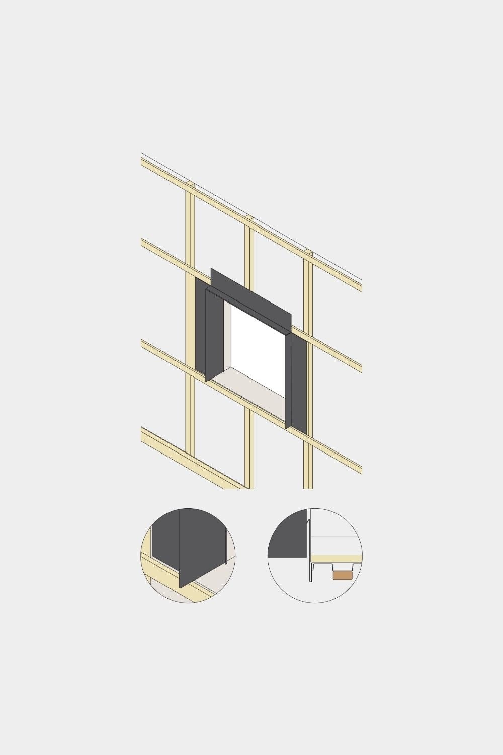 Rysunek izometryczny ściany z otworem okiennym, z wykończeniem panelu elewacyjnego Aluwood (black malowane proszkowo) oraz detalami montażu aluminiowego profilu krawędziowego WoodUpp.