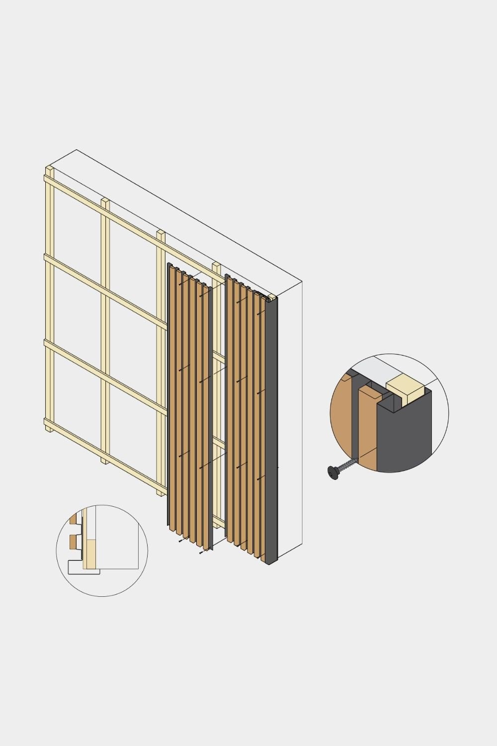 Rysunek izometryczny narożnika końcowego panelu elewacyjnego WoodUpp Aluwood, 240 cm, z vertical drewnianymi lamelami, wykończeniem malowanym proszkowo i aluminiowym profilem końcowym.