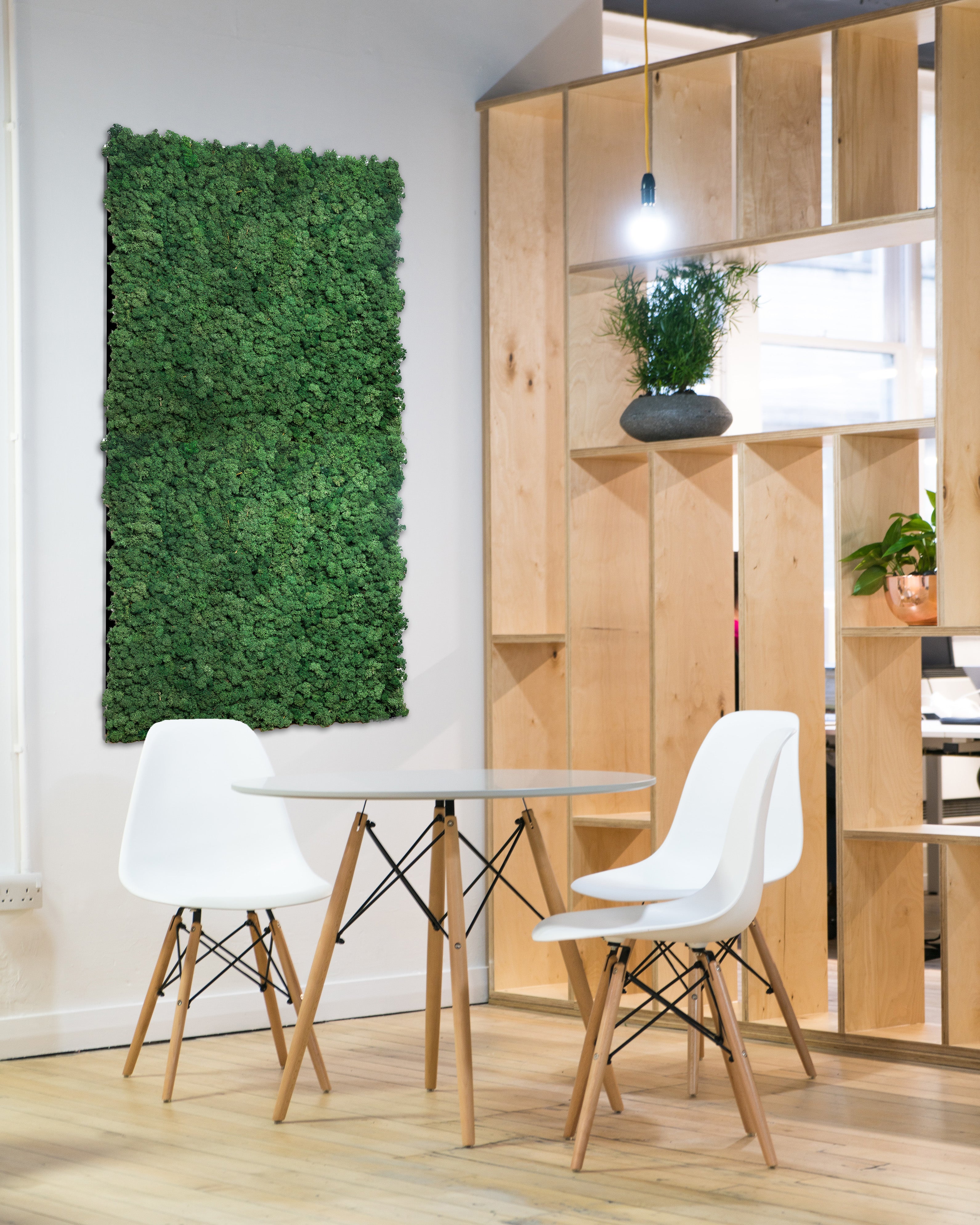 Green moss wall panel beside a CREATE freestanding wooden room divider in a bright office with white chairs