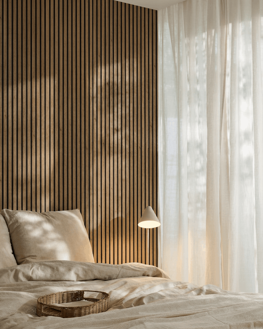 Minimalistyczna sypialnia z akcentową ścianą z akustycznych paneli listwowych WoodUpp Akupanel (English Oak, filc Black), beige pościelą, plecioną tacą, lampą ścienną i zwiewnymi zasłonami.