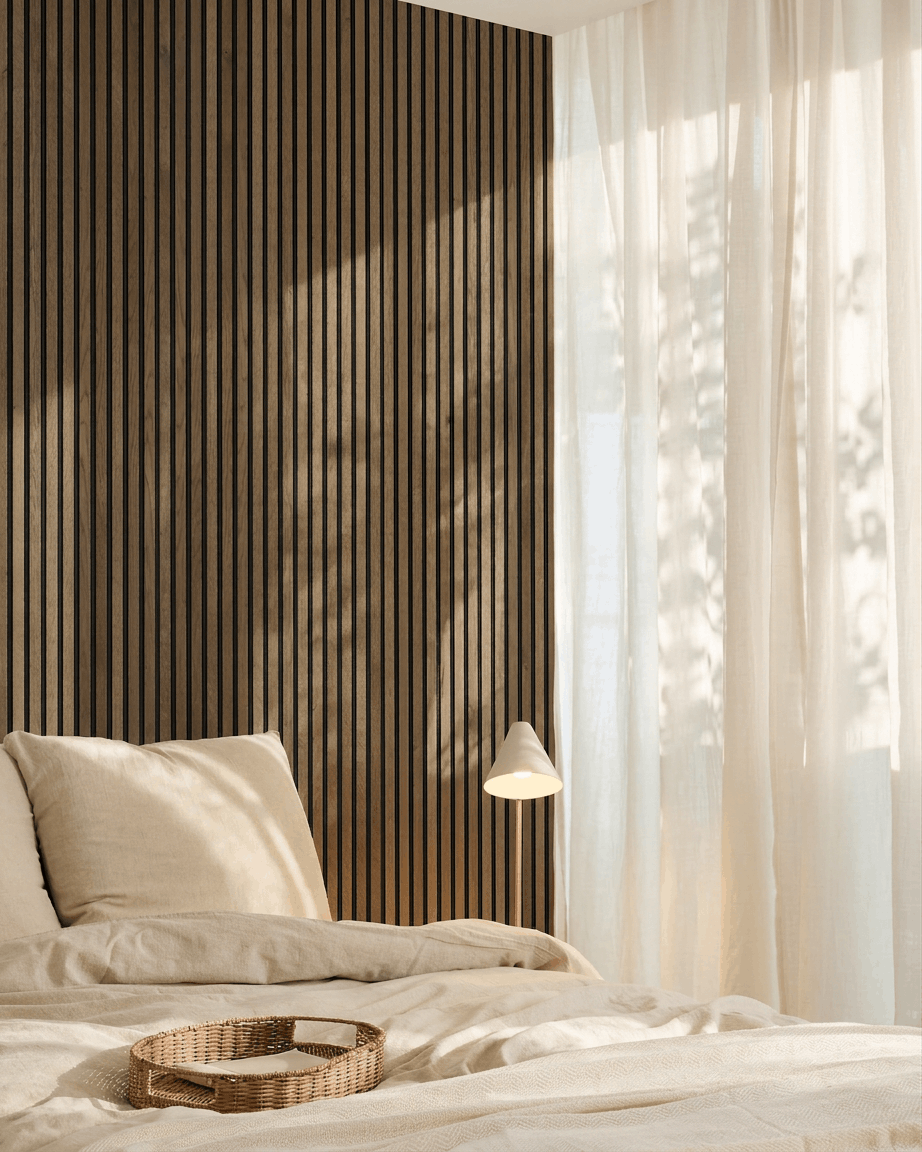 Minimalistyczna skandynawska sypialnia z akcentową ścianą WoodUpp Akupanel Natural Wood Panel akustyczny, pościelą beige, wiklinową tacą i lekkimi zasłonami.