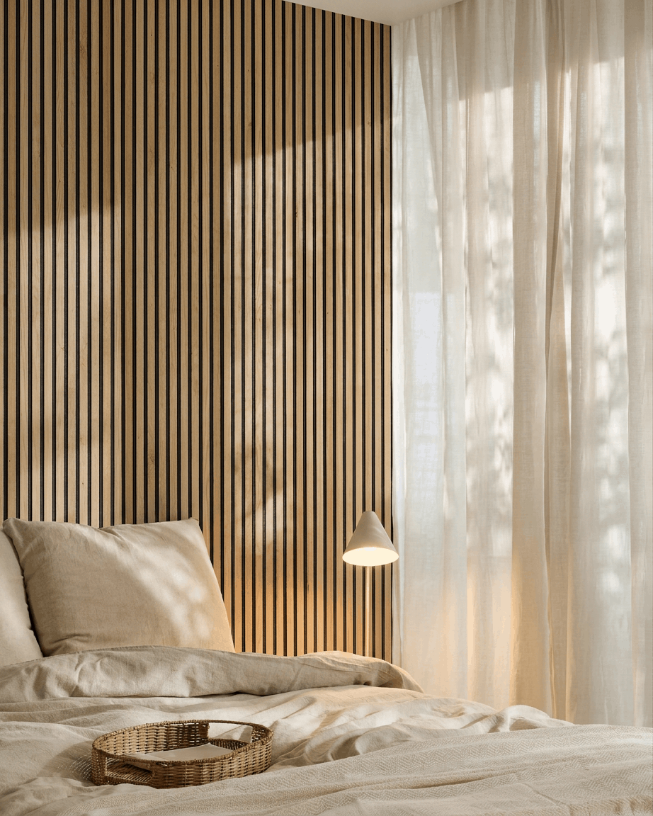 Minimalistyczna skandynawska sypialnia z pościelą beige, akustycznym panelem lamelowym WoodUpp Akupanel Natural Oak, wiklinową tacą na łóżku i lekkimi zasłonami rozpraszającymi światło.