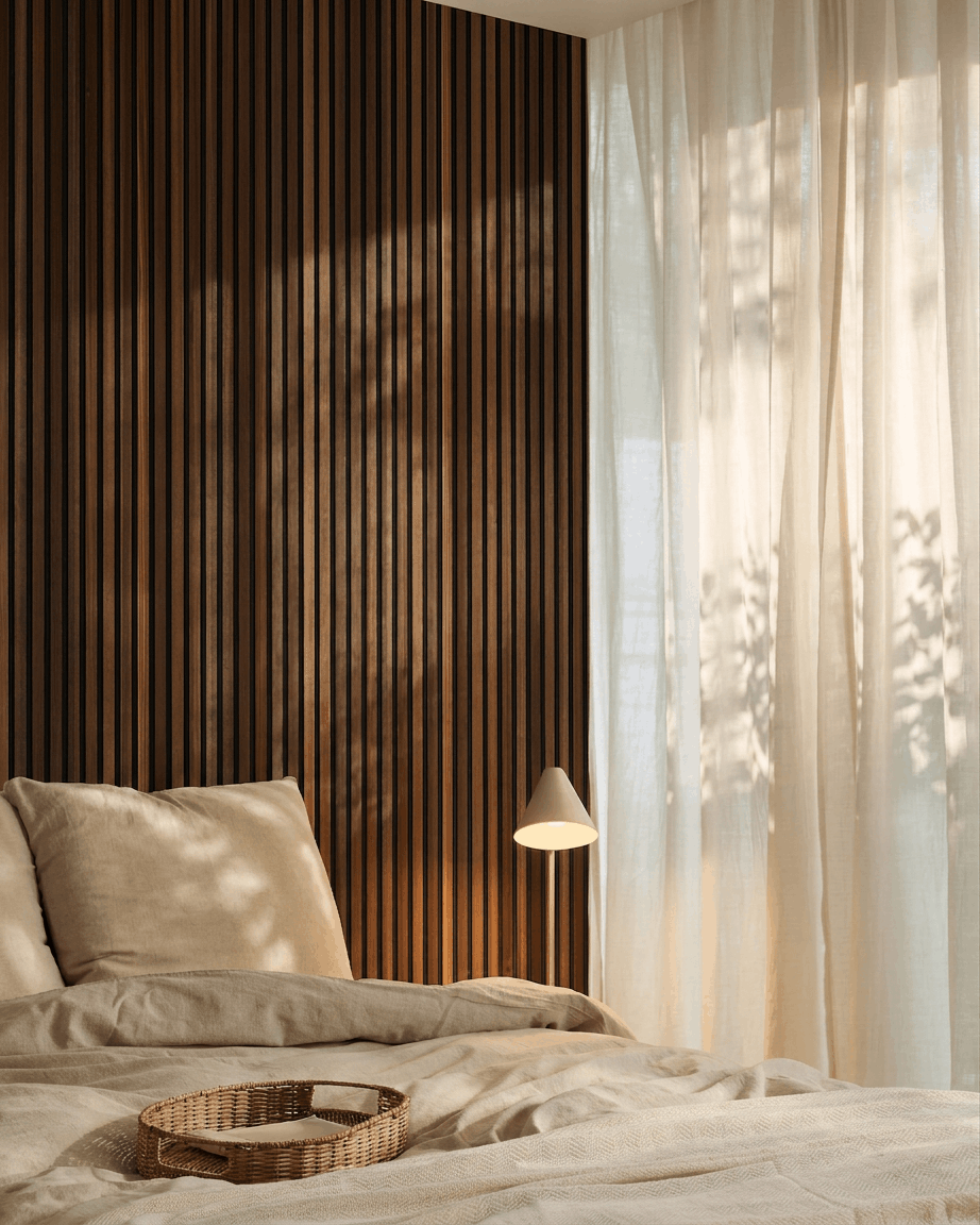 Sypialnia z beige pościelą, lekkimi zasłonami i akustycznym ściennym panelem listwowym WoodUpp Akupanel w kolorze smoked larch z filcem black, przez który wpada światło słoneczne.