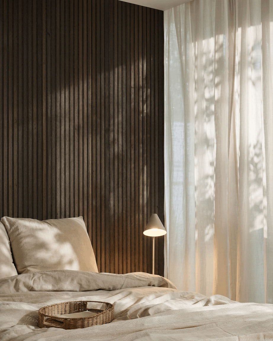 Łóżko z pościelą beige obok WoodUpp Akupanel w rustykalnym odcieniu smoked oak; aranżację dopełniają wiklinowa taca, nowoczesna lampa i transparentne zasłony oświetlone słońcem.