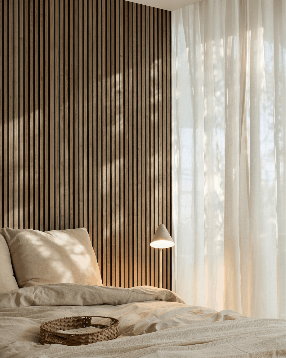 Minimalistyczna skandynawska sypialnia z akustyczną ścianą lamelową WoodUpp Akupanel w kolorze orzecha włoskiego, pościelą beige, wiklinową tacą na łóżku i firanami, które filtrują miękkie światło.