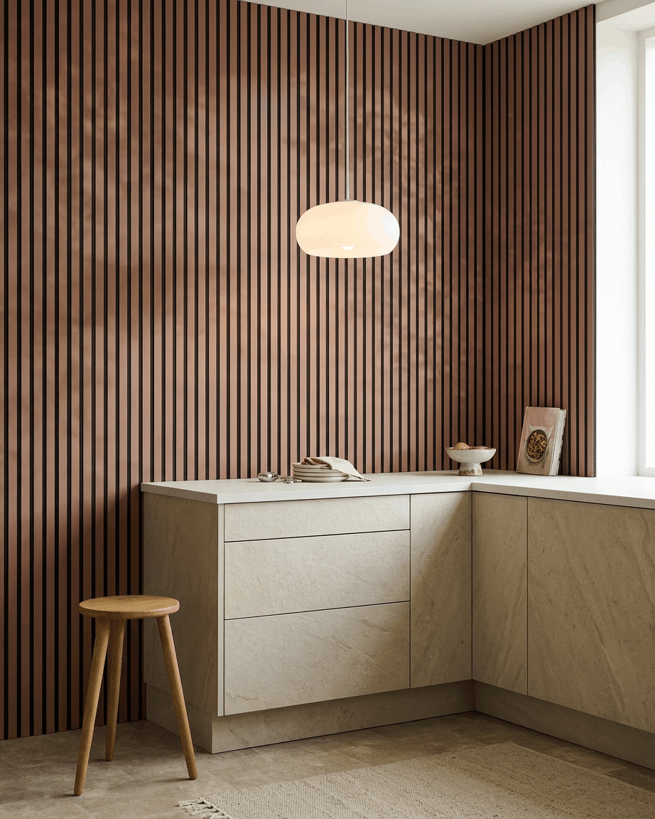 Kuchnia z szafkami beige, drewnianym stołkiem oraz WoodUpp Akupanel Panel akustyczny w kolorze Clay z filcem Black na ścianie. Nad blatem wisi okrągła lampa wisząca.