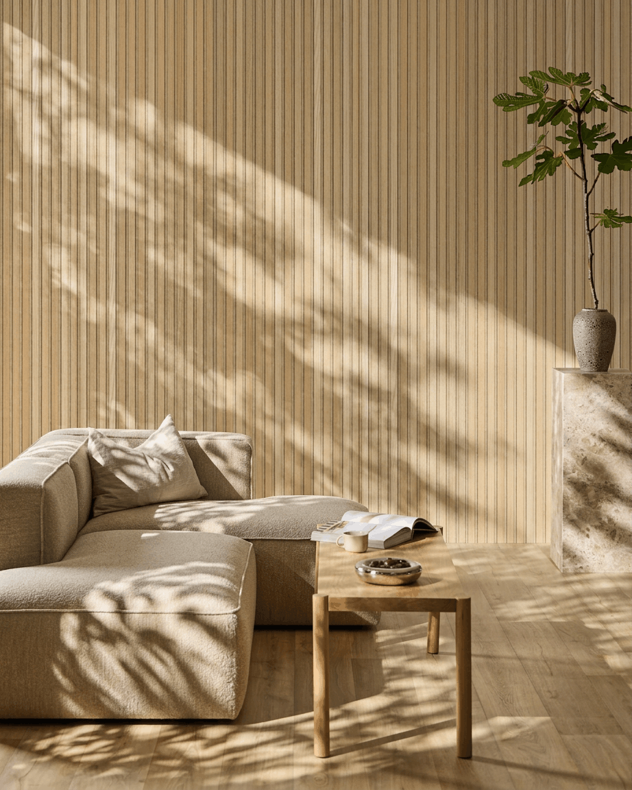 Minimalistyczny salon z WoodUpp Akupanel Panel akustyczny w kolorze Classic Oak z Beige Felt, który zapewnia skandynawski styl i komfort akustyczny.