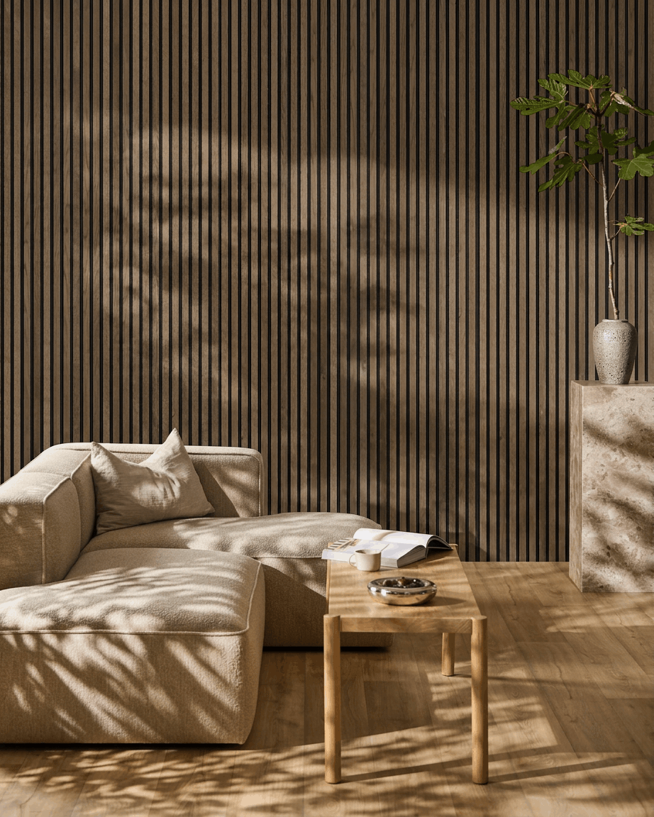 Akupanel |  Acoustic Panel / Natural Wood, Rustic Grey Oak, Black Felt, 240 x 60 cm 