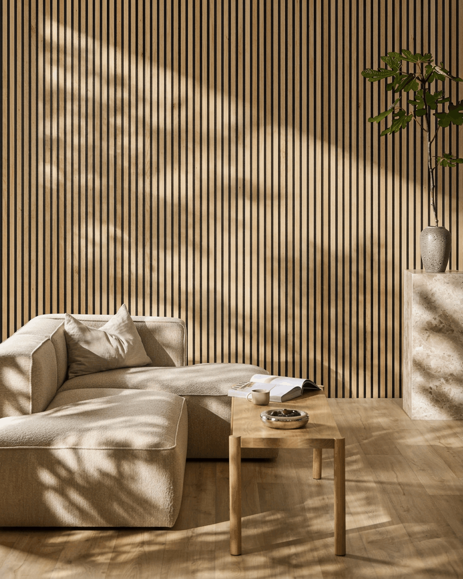 Minimalistyczny salon z sofą w kolorze beige, drewnianym stołem, rośliną i WoodUpp Akupanel Rustic Natural Oak Panel akustyczny, oświetlonym miękkim światłem słonecznym.