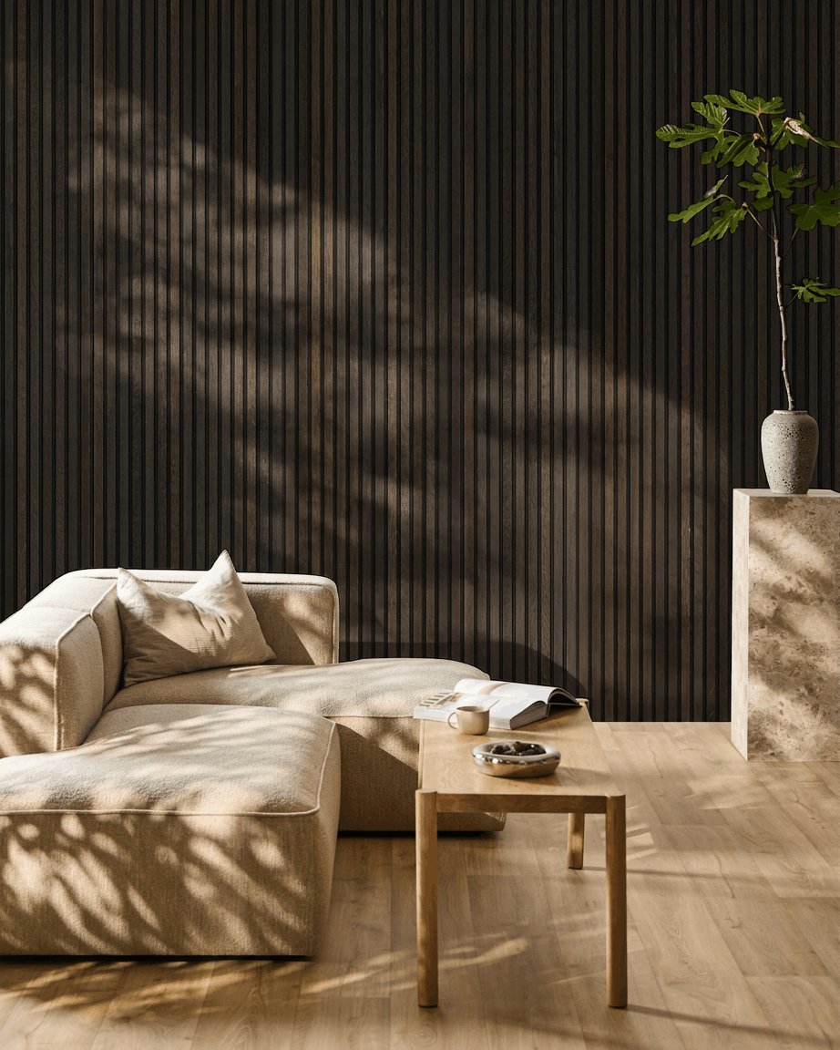 Minimalistyczny salon z beige sofą, drewnianym stołem i rośliną; na ścianie panele WoodUpp Akupanel Panel akustyczny w wykończeniu Rustic Smoked Oak.