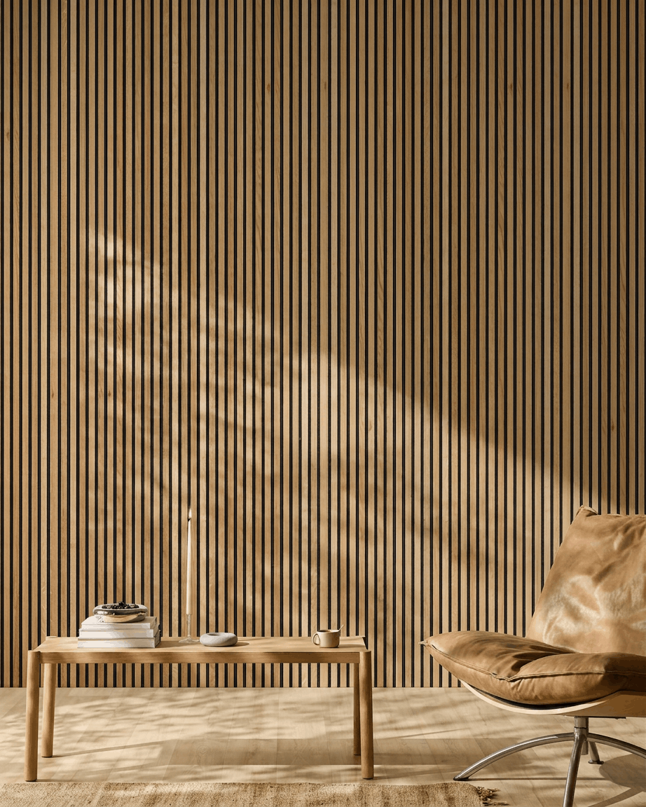 Minimalistyczne wnętrze z fotelem z jasnobrązowej skóry, niskim drewnianym stolikiem i akustycznym panelem lamelowym WoodUpp Akupanel w wykończeniu Rustic Brown Oak, oświetlonym promieniami słońca.