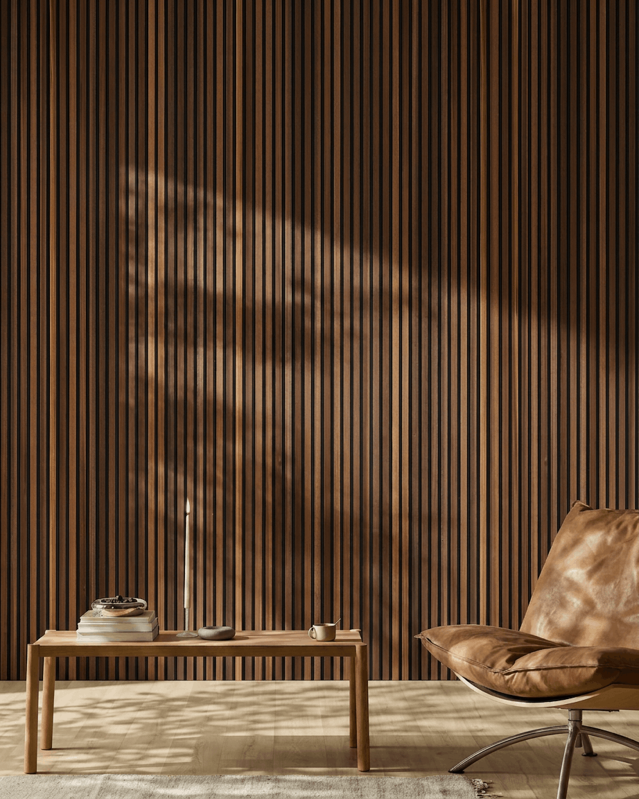 Skandynawskie wnętrze z WoodUpp Akupanel Panel akustyczny z wędzonego modrzewia, fotelem ze skóry brown, drewnianym stołem i światłem słonecznym padającym na podłogę.