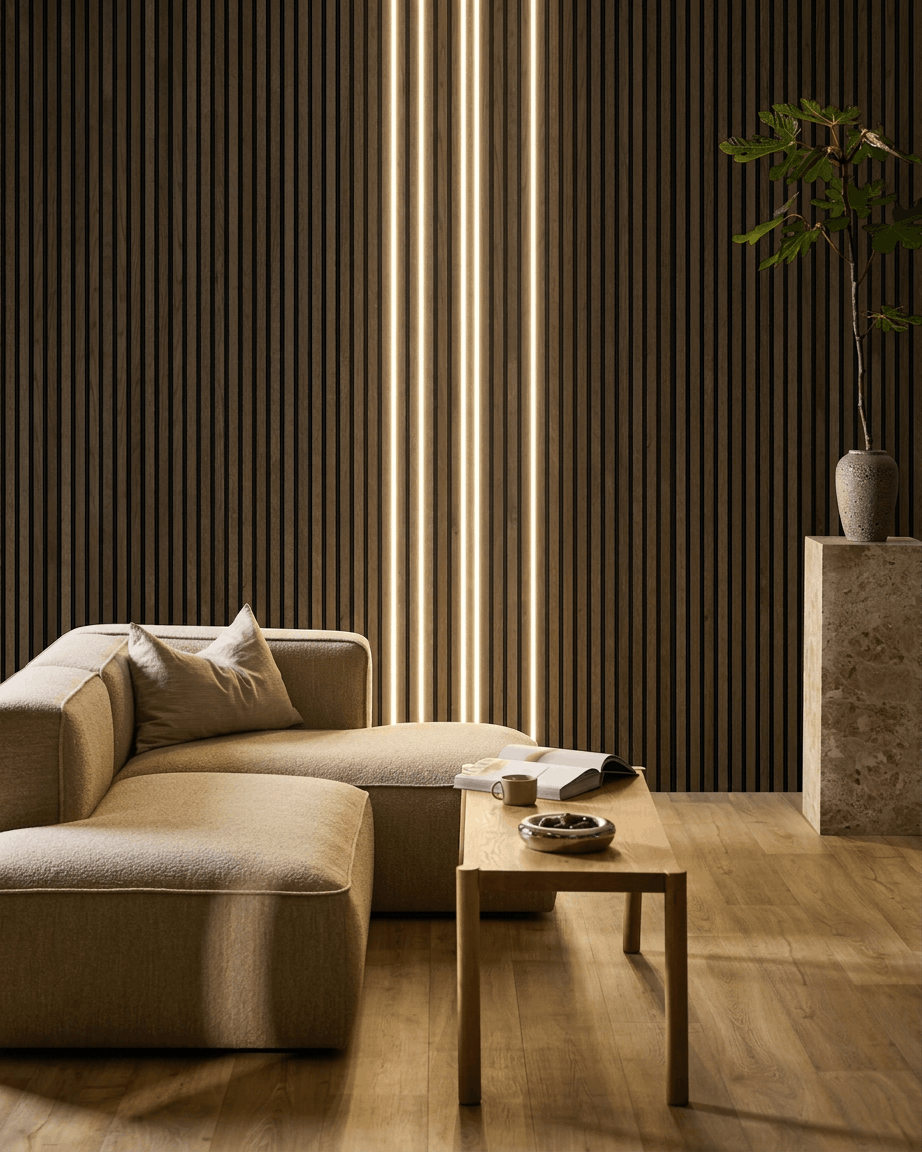 Minimalistyczny salon z sofą w kolorze beige, drewnianym stolikiem kawowym i wysokim wazonem na tle ściany z akustycznym panelem drewnianym WoodUpp Akupanel, oświetlonej listwą LED Lumi.