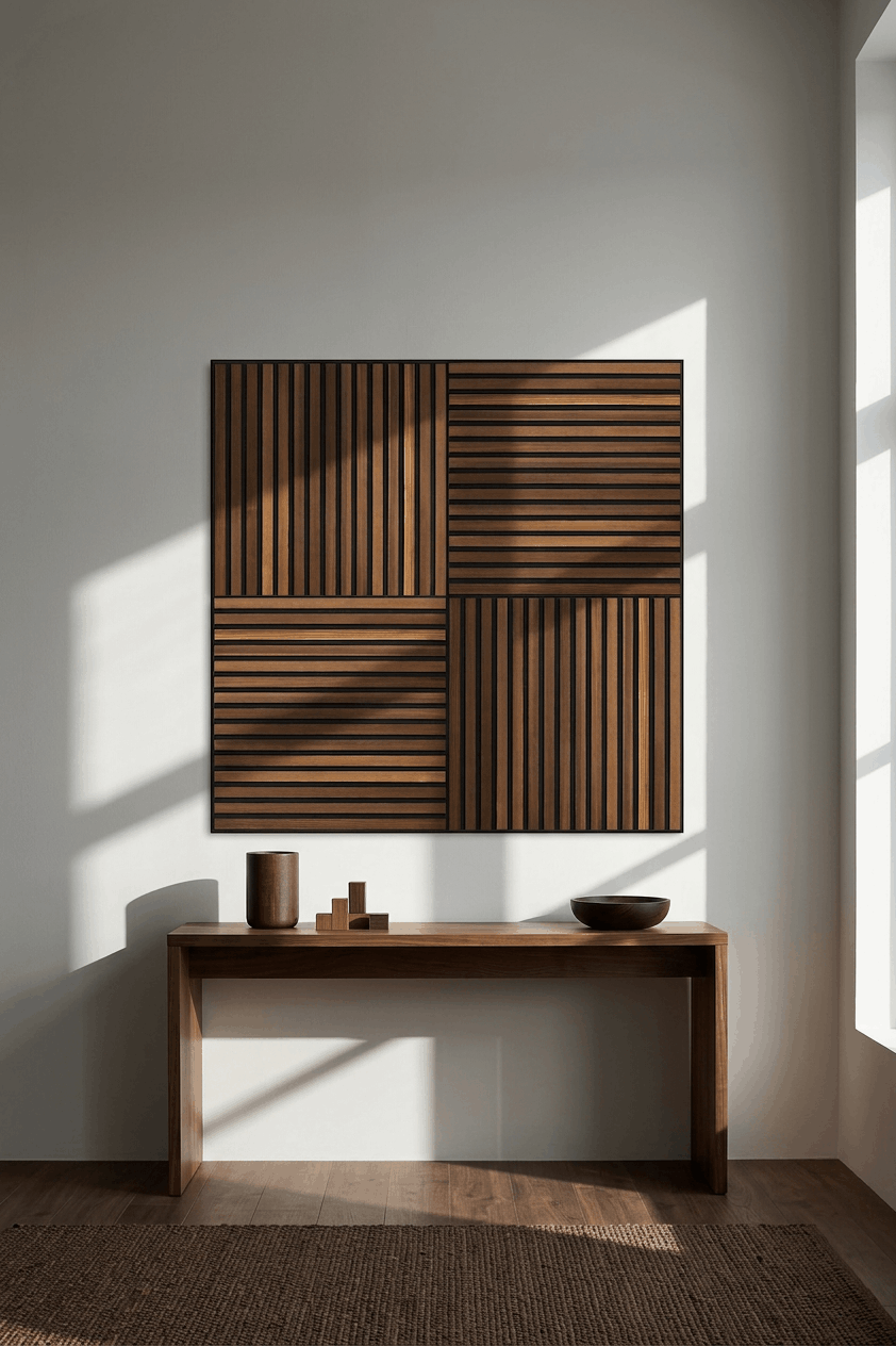 Minimalistyczne wnętrze z WoodUpp Akupixel Panel akustyczny w wykończeniu Smoked Larch na ścianie, drewnianym stołem i prostymi dodatkami oświetlonymi naturalnym światłem słonecznym.
